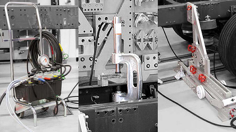  Josam advanced frame press kit excludes floor beams and includes one 20-ton press/pull trolley and two 20-ton counterstay trolleys with brackets.